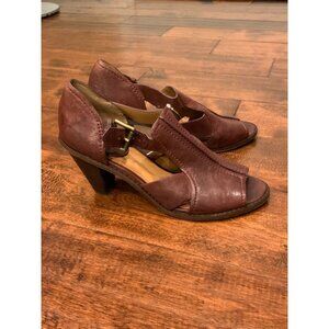 Trask Brown Leather Peep Toe Wooden Heels w/ Dustbag Size 7